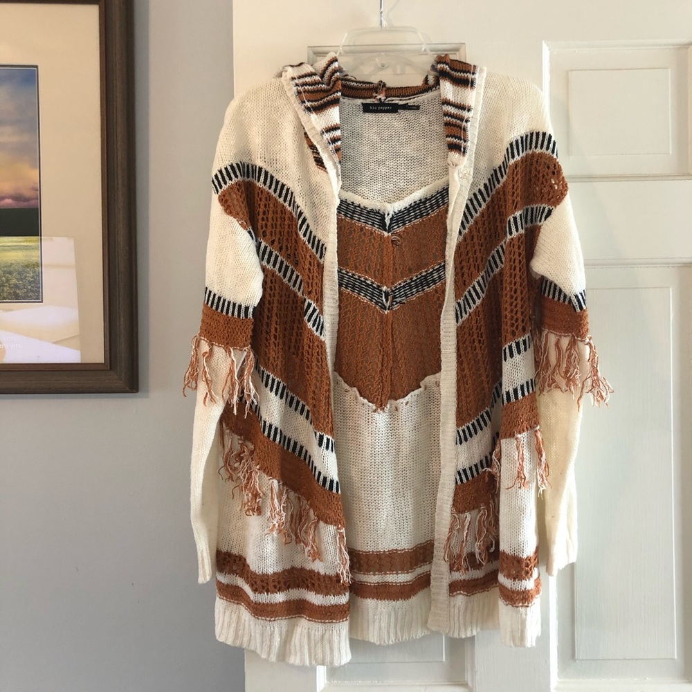 Boho Open Front Sweater With Hood - image 1